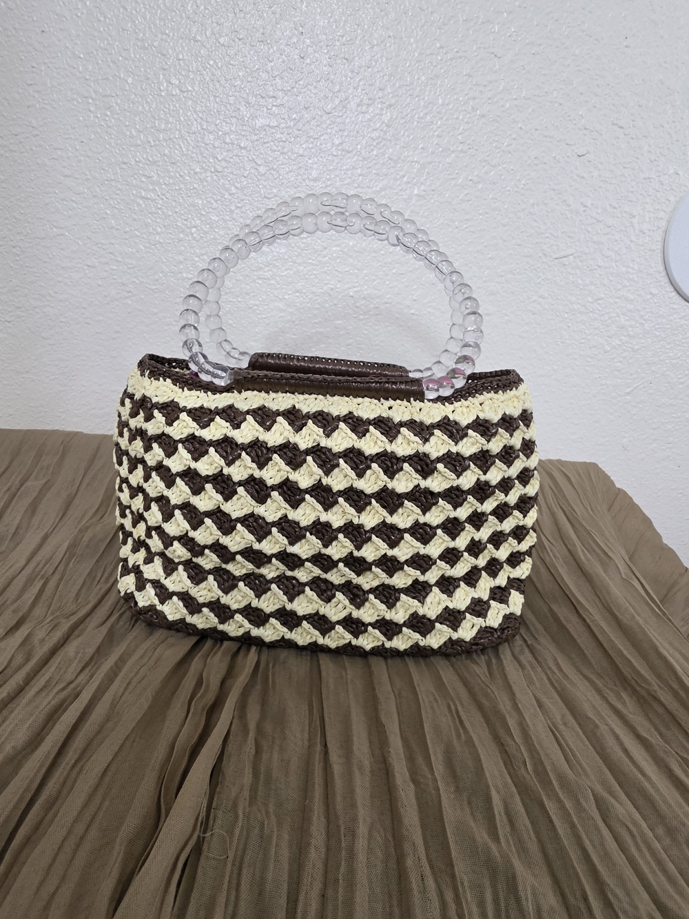 Crocheted Woven Straw Tote Bag Clear Lucite Bead Handles Brown Cream Y2K